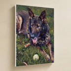 Keira — Custom Dog Portrait Canvas hanging on a warm limestone gallery wall, portrait canvas shown at a slight angle so the white wrapped side edge is visible