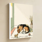 Beagle Nursery Storybook Canvas Wall Art, Storybook Dog Art, Beagle Lover Gift, Stretched Canvas hanging on a warm limestone gallery wall, portrait canvas shown at a slight angle so the white wrapped side edge is visible
