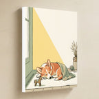 Corgi Nursery Storybook Canvas Wall Art, Storybook Dog Art, Corgi Lover Gift, Stretched Canvas hanging on a warm limestone gallery wall, portrait canvas shown at a slight angle so the white wrapped side edge is visible