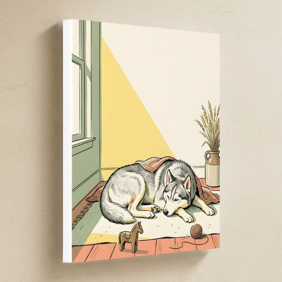 Siberian Husky Nursery Storybook Canvas Wall Art, Storybook Dog Art, Siberian Husky Lover Gift, Stretched Canvas hanging on a warm limestone gallery wall, portrait canvas shown at a slight angle so the white wrapped side edge is visible