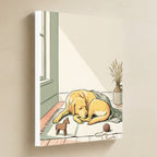 Labrador Nursery Storybook Canvas Wall Art, Storybook Dog Art, Labrador Lover Gift, Stretched Canvas hanging on a warm limestone gallery wall, portrait canvas shown at a slight angle so the white wrapped side edge is visible