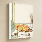 Pomeranian Nursery Storybook Canvas Wall Art, Storybook Dog Art, Pomeranian Lover Gift, Stretched Canvas hanging on a warm limestone gallery wall, portrait canvas shown at a slight angle so the white wrapped side edge is visible