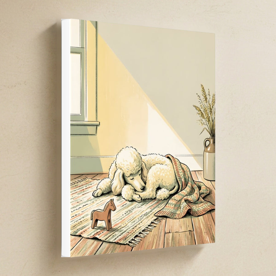 Poodle Nursery Storybook Canvas Wall Art, Storybook Dog Art, Poodle Lover Gift, Stretched Canvas hanging on a warm limestone gallery wall, portrait canvas shown at a slight angle so the white wrapped side edge is visible
