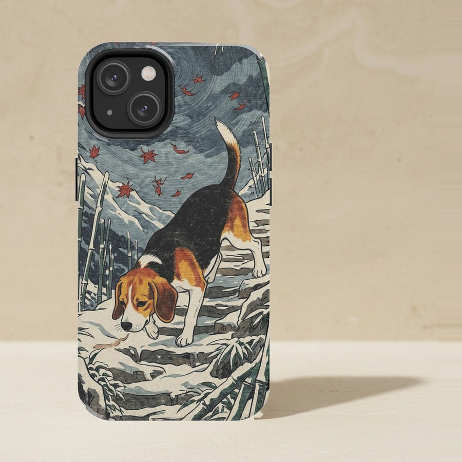 Beagle Phone Case, Japanese Print Dog Art, Beagle Lover Gift, Tough Case for iPhone and Samsung shown upright on a warm limestone shelf, front view