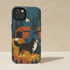 Bernese Mountain Dog Phone Case, Retro Autumn Dog Art, Bernese Mountain Dog Lover Gift, Tough Case for iPhone and Samsung shown upright on a warm limestone shelf, front view