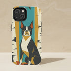 Boston Terrier Retro Autumn phone and sticker gift set: dual-layer iPhone 15 Pro tough case and 3x3 vinyl sticker