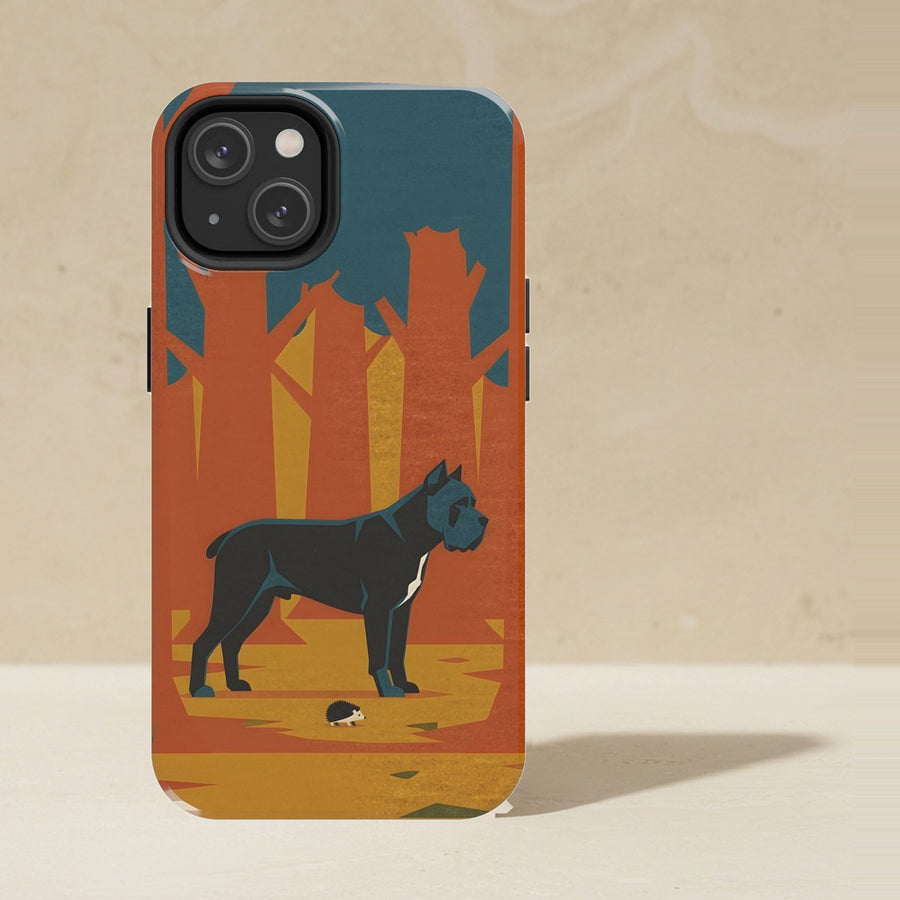 Cane Corso Phone Case, Retro Autumn Dog Art, Cane Corso Lover Gift, Tough Case for iPhone and Samsung shown upright on a warm limestone shelf, front view