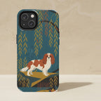 Cavalier King Charles Spaniel Phone Case, Retro Autumn Dog Art, Cavalier King Charles Spaniel Lover Gift, Tough Case for iPhone and Samsung shown upright on a warm limestone shelf, front view