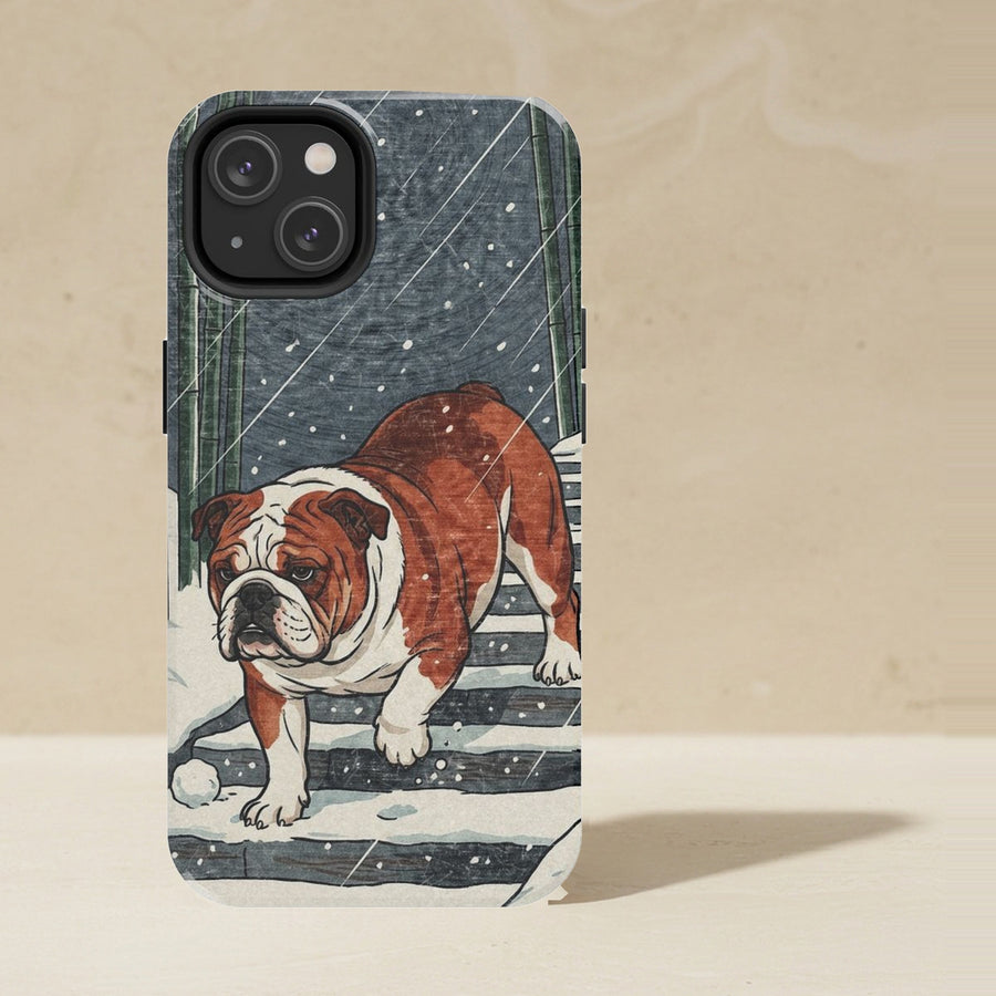 English Bulldog Phone Case, Japanese Print Dog Art, English Bulldog Lover Gift, Tough Case for iPhone and Samsung shown upright on a warm limestone shelf, front view