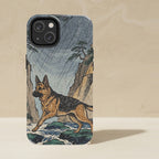 German Shepherd Phone Case, Japanese Print Dog Art, German Shepherd Lover Gift, Tough Case for iPhone and Samsung shown upright on a warm limestone shelf, front view