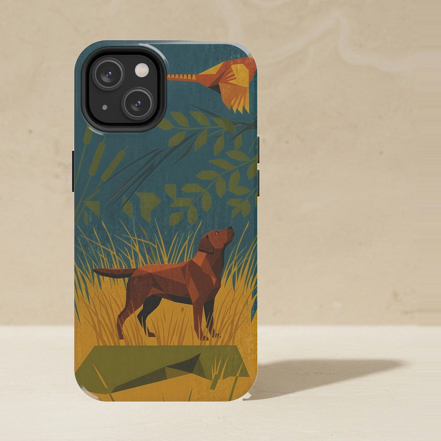 Labrador Retriever Phone Case, Retro Autumn Dog Art, Labrador Retriever Lover Gift, Tough Case for iPhone and Samsung shown upright on a warm limestone shelf, front view