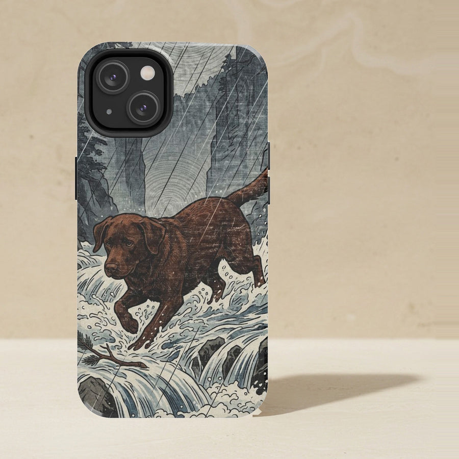 Labrador Retriever Phone Case, Japanese Print Dog Art, Labrador Retriever Lover Gift, Tough Case for iPhone and Samsung shown upright on a warm limestone shelf, front view