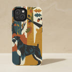 Miniature Schnauzer Phone Case, Retro Autumn Dog Art, Miniature Schnauzer Lover Gift, Tough Case for iPhone and Samsung shown upright on a warm limestone shelf, front view