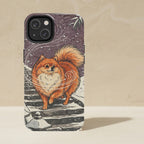 Pomeranian Phone Case, Japanese Print Dog Art, Pomeranian Lover Gift, Tough Case for iPhone and Samsung shown upright on a warm limestone shelf, front view