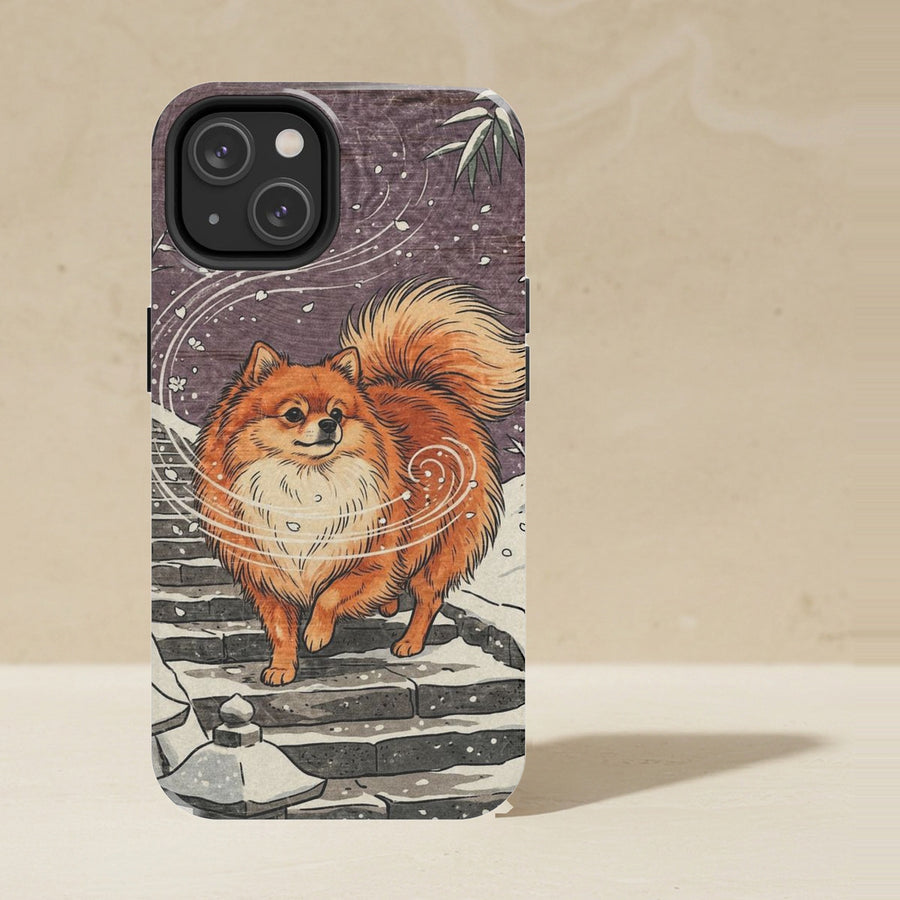 Pomeranian Phone Case, Japanese Print Dog Art, Pomeranian Lover Gift, Tough Case for iPhone and Samsung shown upright on a warm limestone shelf, front view