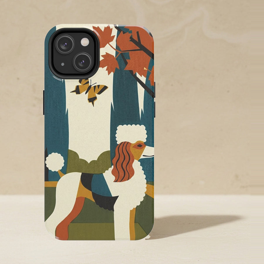 Poodle Phone Case, Retro Autumn Dog Art, Poodle Lover Gift, Tough Case for iPhone and Samsung shown upright on a warm limestone shelf, front view