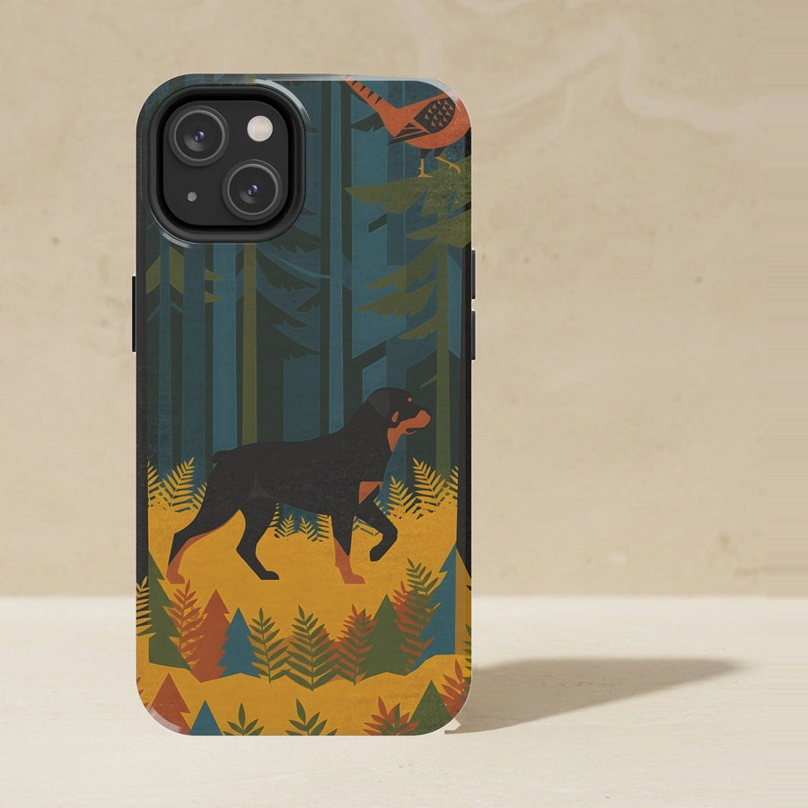Rottweiler Phone Case, Retro Autumn Dog Art, Rottweiler Lover Gift, Tough Case for iPhone and Samsung shown upright on a warm limestone shelf, front view
