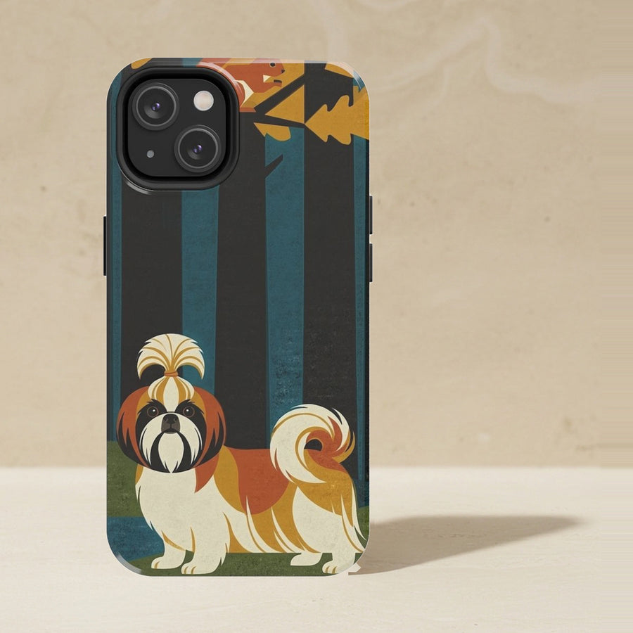 Shih Tzu Phone Case, Retro Autumn Dog Art, Shih Tzu Lover Gift, Tough Case for iPhone and Samsung shown upright on a warm limestone shelf, front view