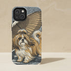 Shih Tzu Phone Case, Japanese Print Dog Art, Shih Tzu Lover Gift, Tough Case for iPhone and Samsung shown upright on a warm limestone shelf, front view