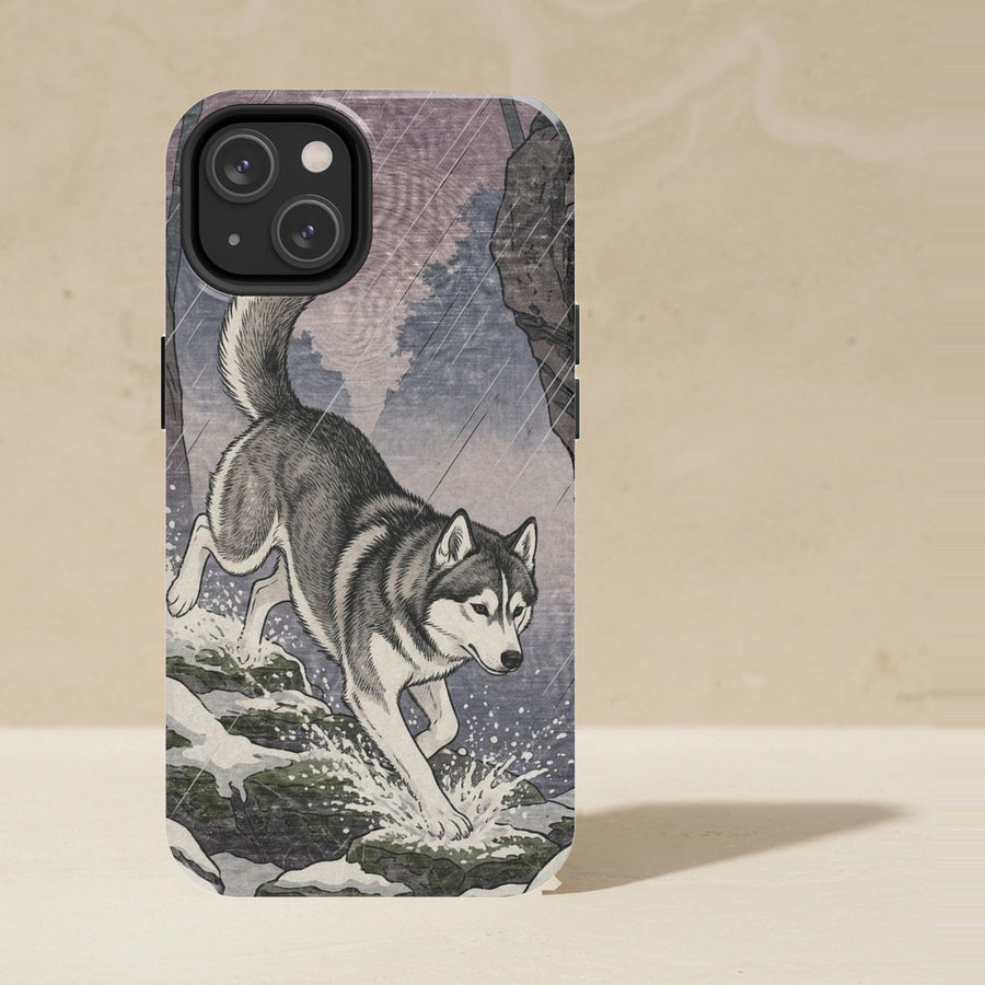 Siberian Husky Phone Case, Japanese Print Dog Art, Siberian Husky Lover Gift, Tough Case for iPhone and Samsung shown upright on a warm limestone shelf, front view