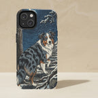 Australian Shepherd Phone Case, Japanese Print Dog Art, Australian Shepherd Lover Gift, Tough Case for iPhone and Samsung shown upright on a warm limestone shelf, front view