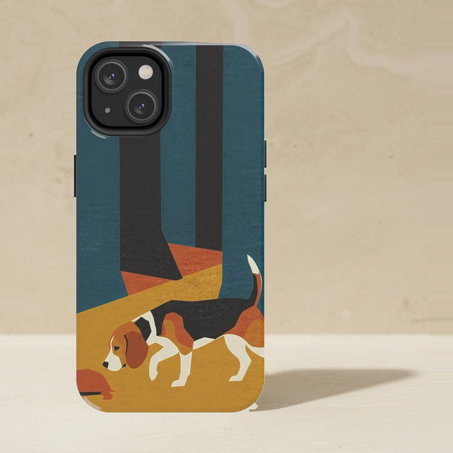 Beagle Phone Case, Retro Autumn Dog Art, Beagle Lover Gift, Tough Case for iPhone and Samsung shown upright on a warm limestone shelf, front view