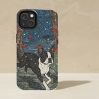 Boston Terrier Phone Case, Japanese Print Dog Art, Boston Terrier Lover Gift, Tough Case for iPhone and Samsung shown upright on a warm limestone shelf, front view