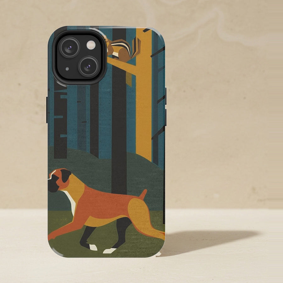 Boxer Phone Case, Retro Autumn Dog Art, Boxer Lover Gift, Tough Case for iPhone and Samsung shown upright on a warm limestone shelf, front view