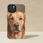 Golden Retriever Oil Portrait Tough Phone Case shown upright on a warm limestone shelf, front view