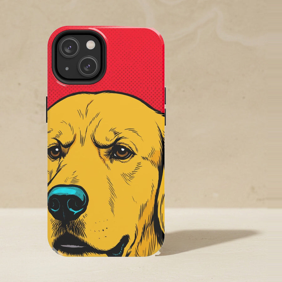 Golden Retriever Comic Pop Art Tough Phone Case shown upright on a warm limestone shelf, front view