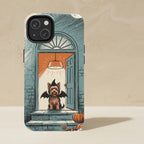 Yorkshire Terrier Halloween Phone Case, Spooky Season Dog Art, Yorkshire Terrier Lover Gift, Tough Case for iPhone and Samsung shown upright on a warm limestone shelf, front view