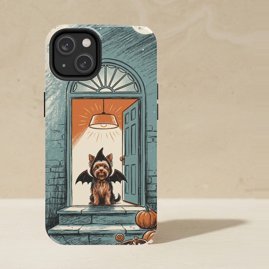 Yorkshire Terrier Halloween Phone Case, Spooky Season Dog Art, Yorkshire Terrier Lover Gift, Tough Case for iPhone and Samsung shown upright on a warm limestone shelf, front view