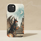 Doberman Pinscher Halloween Phone Case, Spooky Season Dog Art, Doberman Pinscher Lover Gift, Tough Case for iPhone and Samsung shown upright on a warm limestone shelf, front view