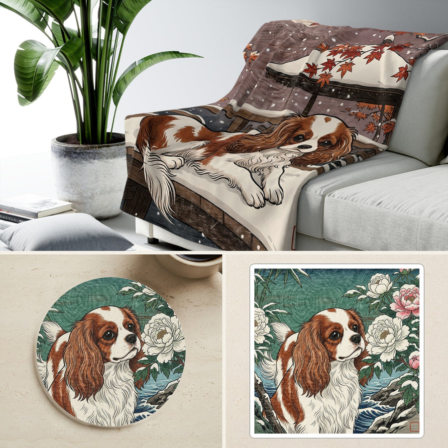 Cavalier King Charles Spaniel Japanese Print cozy gift set: sherpa fleece blanket, cork-back coaster, and vinyl sticker