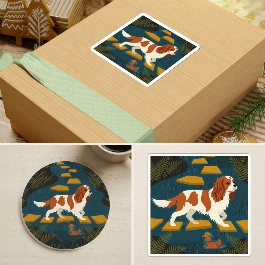 Cavalier King Charles Spaniel Retro Autumn stocking stuffer gift set: round cork-back coaster and two 3x3 vinyl stickers