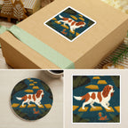 Cavalier King Charles Spaniel Retro Autumn stocking stuffer gift set: round cork-back coaster and two 3x3 vinyl stickers