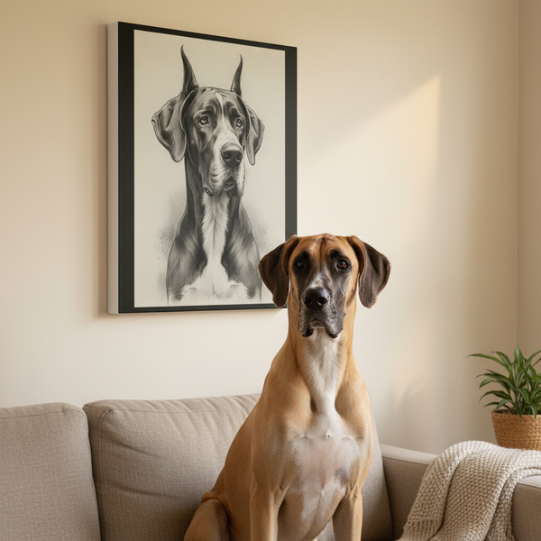 Great Dane Charcoal Portrait Canvas Print | Dog Wall Art | Pet Lover Gift | Home Decor — Lifestyle View