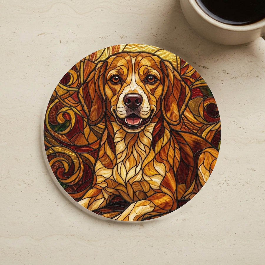 Beagle Stained Glass Warm Jewel Cork Back Coaster cork coaster shown on a warm limestone surface beside a mug