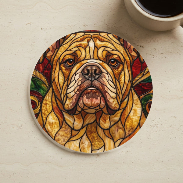 English Bulldog Stained Glass Warm Jewel Cork Back Coaster cork coaster shown on a warm limestone surface beside a mug