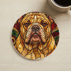 English Bulldog Stained Glass Warm Jewel Cork Back Coaster cork coaster shown on a warm limestone surface beside a mug
