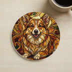 Corgi Stained Glass Warm Jewel Cork Back Coaster cork coaster shown on a warm limestone surface beside a mug