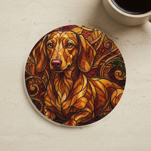 Dachshund Stained Glass Warm Jewel Cork Back Coaster cork coaster shown on a warm limestone surface beside a mug