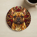 French Bulldog Stained Glass Warm Jewel Cork Back Coaster cork coaster shown on a warm limestone surface beside a mug