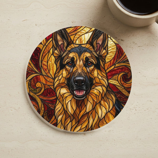German Shepherd Stained Glass Warm Jewel Cork Back Coaster cork coaster shown on a warm limestone surface beside a mug