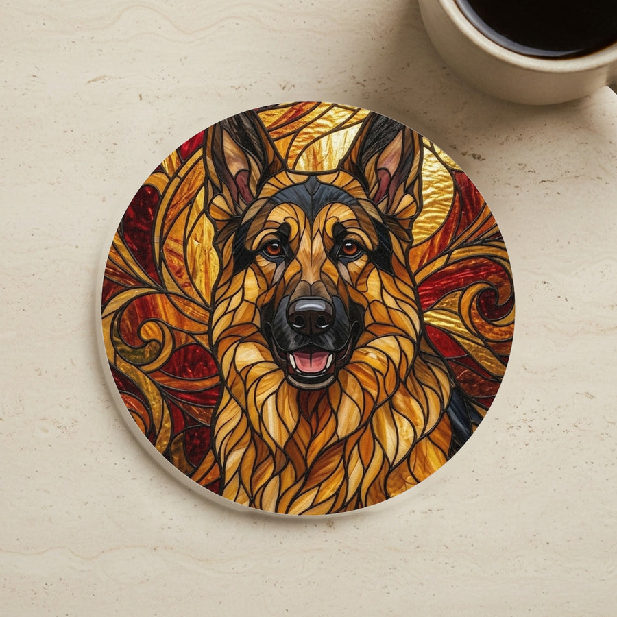 German Shepherd Stained Glass Warm Jewel Cork Back Coaster cork coaster shown on a warm limestone surface beside a mug