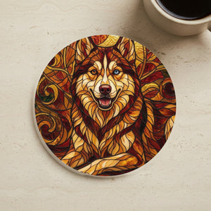Siberian Husky Low Poly Warm Jewel Cork Back Coaster | Dog Lover Gift