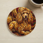 Poodle Stained Glass Warm Jewel Cork Back Coaster cork coaster shown on a warm limestone surface beside a mug