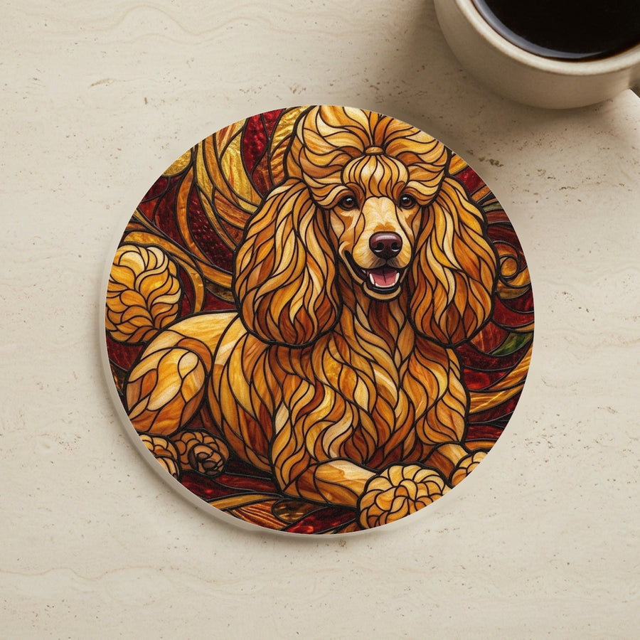 Poodle Stained Glass Warm Jewel Cork Back Coaster cork coaster shown on a warm limestone surface beside a mug