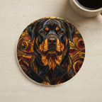 Rottweiler Stained Glass Warm Jewel Cork Back Coaster cork coaster shown on a warm limestone surface beside a mug