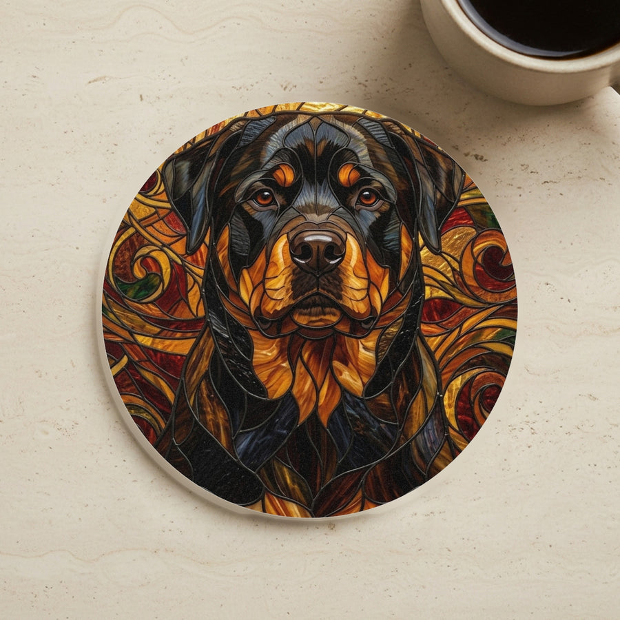 Rottweiler Stained Glass Warm Jewel Cork Back Coaster cork coaster shown on a warm limestone surface beside a mug
